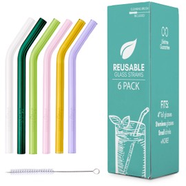 Simply Straws 6 Inch Glass Straws Bent (6-Pack) – Reusable Glass Straws for Low Balls & Stemless Glasses, with Cleaning Brush – Dishwasher Safe, Hot & Cold Use, BPA-Free (Meadow)