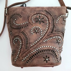 Montana West  Tooled Crossbody Bucket Silver Studs Brown Vegan Faux Leather