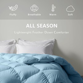 zzlamb Lightweight Blue Feather Down Comforter, All Season Medium Warm Duvet Insert for Twin Bed, Durable Cotton-Blended Shell Down Proof Duvet with Corner Tabs, Twin Size 68''x90'' Blue