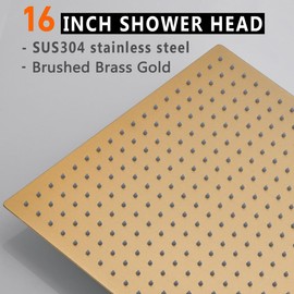 Rainfall Shower Head in Gold, BSTIIU Extra Large 16 Inch Square Ceiling Mount Shower Head, High Pressure Ultra Thin Top Rain Shower Heads, Brushed Brass Gold