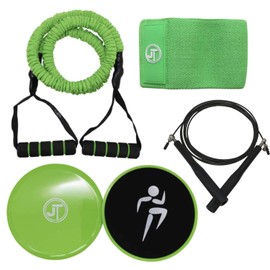 JT Fitness Home Workout Kit for Resistance and HIIT Training, Set Includes Resistance Bands with Soft Grip Handle, Double Sided Core Slider, Booty Band and Adjustable Skipping Rope