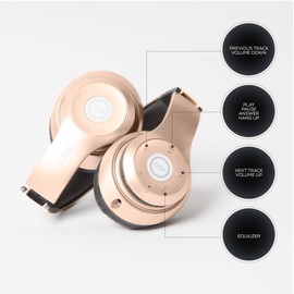 iJoy - Auriculares Bluetooth sobre la oreja, inalámbricos y con cable plegables micrófono integrado, ranura para tarjeta micro SD, (dorado) adultos, niños, hombres y mujeres