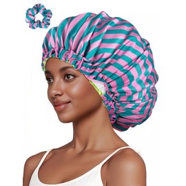 Vettres Silk Hair Bonnet for Sleeping with Scrunchie Adjustable Sleep Bonnets Double Layer Satin Sleep Cap for Curly Hair Red Green Stripes