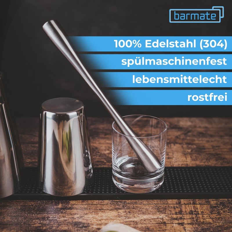 barmate Stainless Steel Muddler - Long Bar Muddler with Ergonomic