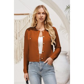Crochet Cardigans for Women Fall Open Front Sweater Tops Button Down Knit Lady Jackets Orange Brown M