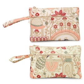 LONGING TO BUY Embroidered Cosmetic Pouch, Floral Bird Pattern, Vintage Style Makeup Bag with Zipper, Combo Pack in Multi-Color ('Cream & Light Green)
