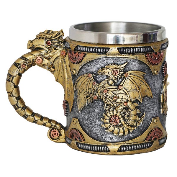 alikiki Steampunk Gearwork Mechanical Dragon Mug - Medieval Renaissance Dragons Beer Stein Tankard Stainless Coffee Cup father day Gift Mug For Dragon Collector Lovers Themed Party Decoration (14OZ)