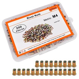 AireKouzia Metric M4 Rivet Nut Kit - 200Pcs RIV Nuts Carbon Steel Flat Head Rivnut Threaded Insert for Metal and Wood, Knurled Body Rivnuts Set