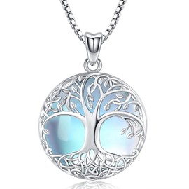 Odinstone Tree of Life Necklace Sterling Silver Moonstone Jewelry Round Family Tree Pendant Necklace for Women Girl