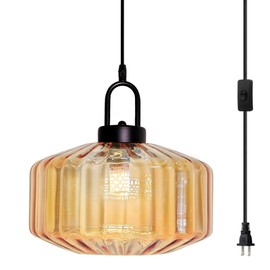 Glass Plug in Pendant Light, Mid Century Hanging Lamp with Plug in Cord Amber Striped Glass Shade Plug in Swag Lighting Fixtures On/Off Switch Hanging Light for Living Room Dining Bedroom Kitchen