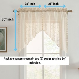 HLC.ME Sophia Floral Rod Pocket Lace Short Cafe Swags for Small Windows - 28 x 36 Inch Length (Taupe Swags, Set of 2)