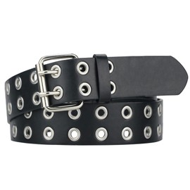 Alphyly Neries Grommet Leather Belts for Women, Double Prong Buckle Vintage Punk Jeans Belts, Black Belt For Waist Under 36''