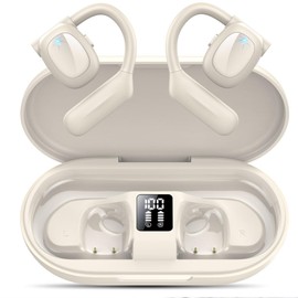 Hendari Open Ear Bluetooth 5.3 Headphones, Wireless Earbuds Sport Over Earphones Built-in Mic with Earhooks 75H Playtime Ear Buds LED Display Charging Case, IPX5 Waterproof for Running Fitness, White
