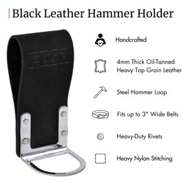 FESA Leather Hammer Holder for Belt - Top Grain Leather Hammer Holster with Steel Hammer Loop & Reinforced Heavy Duty Rivets - Fits Belts up to 3" - Handcrafted (Loop Attachment, Black)