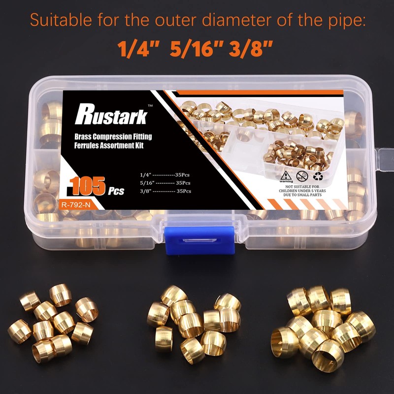 Rustark 105Pcs 1/4” 3/8” 1/2” Brass Compression Fitting Sleeves Ferrules