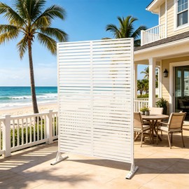 Metal Privacy Screen Outdoor 70.9" H x 46.1" W, Freestanding Slatted Privacy Fence Panel, Decorative Patio Privacy Screen for Balcony, Backyard, Deck and Garden, Ancient White