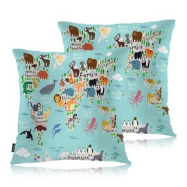 Swono World Map Throw Pillow Covers, Cartoon Forests Animal Map of The World Set of 2 Pillow Cases Decorative 18 X 18 Inches, Soft Cushion Cover Pillowcases for Bedroom, Living Room, Cushion Sofa