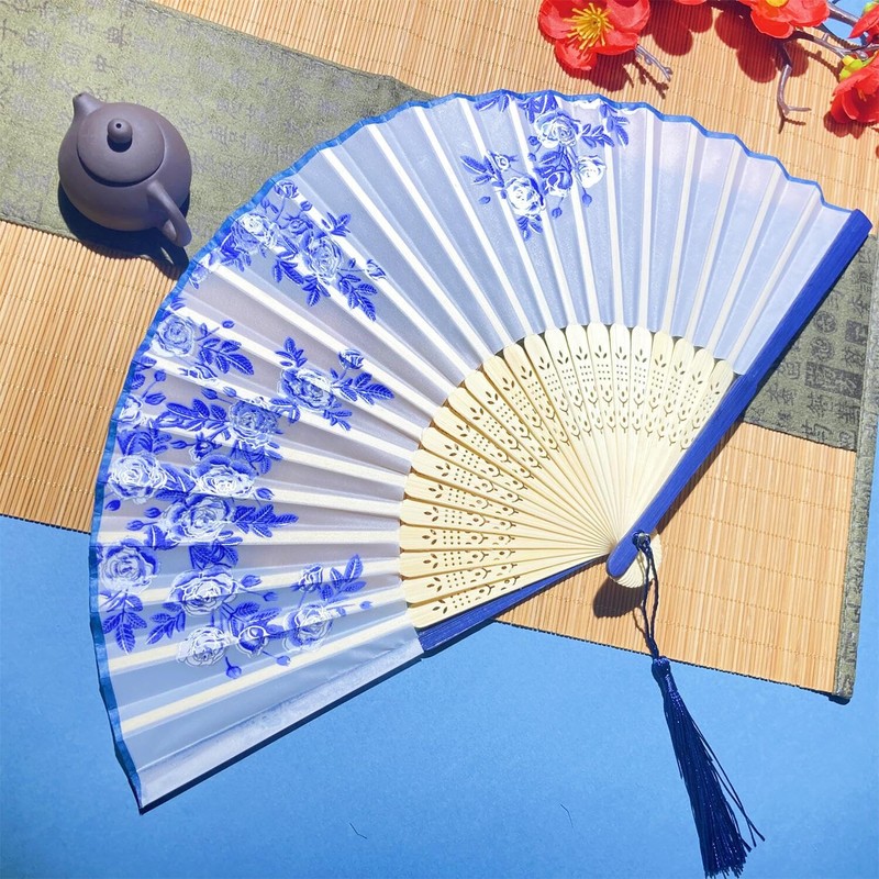 QIRMIZI 10 Pieces Handheld Fans, Silk Folding Fans, Floral Folding