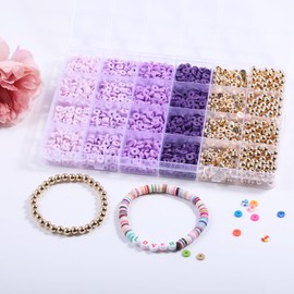 Ahouws 3020pcs Clay Beads for Bracelet Making, 4 Colors Clay Beads for Jewelry Making Supplies Charm Friendship Bracelet Kit with Gold Beads for Jewelry Making Kit（Purple）