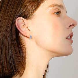 BriLove 925 Sterling Silver Small Dainty Birthstone Hoop Earrings for Women Piercing Hoops, Emerald Cut Crystal Huggie Dangle Earring for Birthday Gift Sapphire Color Silver-Tone