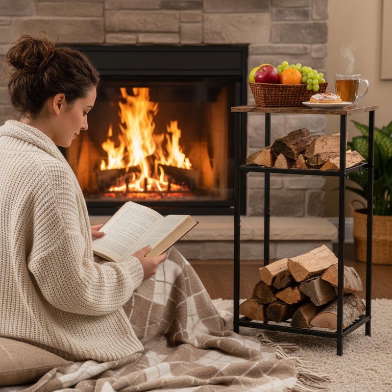 Fiwochic 2-Tier Winter Firewood Rack with Tabletop 4 Hooks Indoor