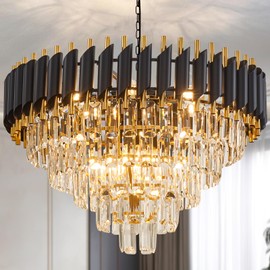 Aixialin 10-Light Large Crystal Chandelier 24" Dining Room Light Fixtures 5 Tiers Flush Mount Black and Gold Chandelier Round Large Chandeliers for Dining Room Living Room Kitchen Entryway Foyer
