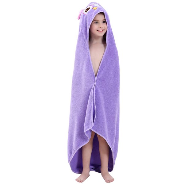 COOKY.D Baby Bath Towels with Hood Ultra Soft Cotton Hooded Bath Robe for Baby Boys Girls, 90x90cm(0-6 Years Old), Purple Owl