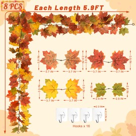 Helimoto Maple Leaf Garland, 8 Pack 5.9 FT Hanging Fall Garland, Artificial Maple Outdoor Autumn Leaves Garlands, Fall Decorations for Home Thanksgiving Decor Wedding Party Wall Fireplace Mantle