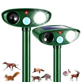2Pack Sonic Fortress Pro Deer Repellent Devices Squirrel Raccoon Rabbit Fox Cat Deterrent Solar Ultrasonic Animal Repellent Outdoor with Motion Activated Strobe Light for Garden Yard Lawn Protection