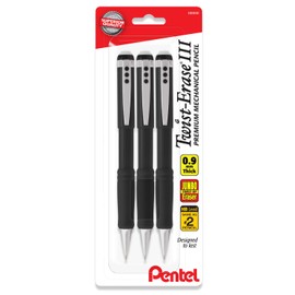 Pentel Mechanical Pencil 0.9 mm Twist Erase III, Twist Up Eraser, Pre-Loaded Super Hi-Polymer HB Lead, Black Barrel, 3-Pack