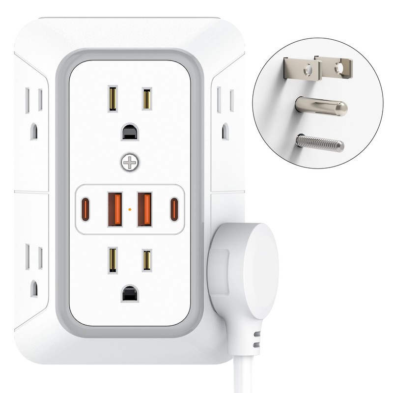 Outlet Extender 6 AC Surge Protection 1050J,Wall Charger 2 USB