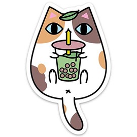 Calico Cat Holding Bubble Tea Vinyl Sticker