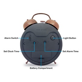 Königswerk Twin Bell Loud Alarm Clock, 4 inches Silent Desk Clock with Backlight for Heavy Sleepers Adults, Battery Operated for Table, Bedroom, Bedside, Room Decor (Red Brown)