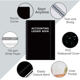 Accounting Ledger Book - A5 Ledger Book for Bookkeeping, Small Businesses & Personal Use, Expense Tracker Notebook for Tracking Money, Expenses, Deposits & Balance, 5.8" x 8.4", Black