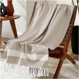 Lightweight Woven Throw Blanket Cotton Large Soft for Chair Couch Sofa Bed Festival Decorative Summer Manta para Beige Neutral Fall Farmhouse Antique Vintage Primitive Cottage Nursery Beige
