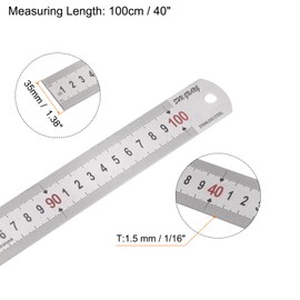 HARFINGTON Stainless Steel Ruler 100cm/40" Length x 1/16" Thick x 1-3/8" Wide Inch and Metric Straight Edge Measuring Tools for Woodworking Painting Craft, Silver Tone