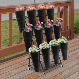 CNCEST Flower Display Stand, 3-tier Flower Holder, Flower Display Stand with 12 Pieces Buckets, with Wheels Moving Flower Rack for Organizing And Displaying Plants In Homes, Florists, Home Balconies, Gardens (Black)
