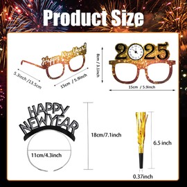 BFSYRR 36 Pcs New Years Eve Decorations 2025, Black Silver and Gold Happy New Year Headband, 2025 Glasses, Screaming Whistle, New Year Eve Party Accessories are Essential Photo Props for Party