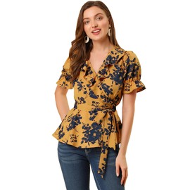 Allegra K Women's Wrap Peplum Top Blouse 2025 Summer Floral Short Sleeve Ruffle V Neck Belted Shirts Medium Yellow
