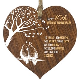 10th Wedding Anniversary Wooden Heart Plaque, Dark Wood Sign Keepsake, Celebrate Tin Anniversary Wife Husband Boyfriend Girlfriend, Plaque with Quotes Gifts from the Kids