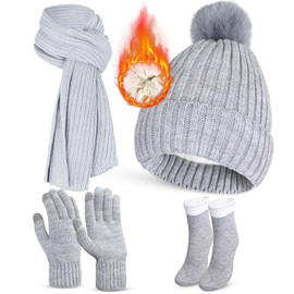 4PCS Winter Beanie Hat Scarf Gloves Set, Grey Warm Long Scarf Beanie Hat Touch Screen Gloves Thermal Socks, Winter Thick Set for Women Outdoor Sports Skiing Fishing