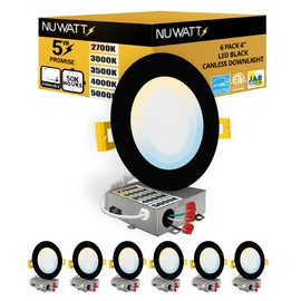 NUWATT 6 Pack, 6 Inch Ultra Thin Black LED Recessed Lighting, 5CCT 2700K/3000K/3500K/4000K/5000K Selectable, High Brightness 1050 Lumens, Dimmable Canless Slim Wafer Light, IC Rated, Metal J-Box, ETL