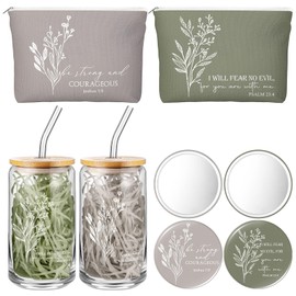 Fumete 2 Set Christian Gifts Religious Makeup Bag Bible Verse Glass Coffee Cup Mini Christian Compact Mirror Regalos Cristianos En Español for Church Sunday School Pastor Wife (Neutral Colors)