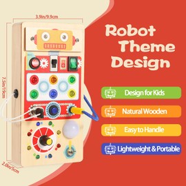 Asweets Montessori Wooden Busy Board Toy for Toddler, Red Robot Sensory Board with 8 LED Shape Light Switches, Travel & Gift Toys for Kids, 3.9''L x 2.0''W x 7.5''H
