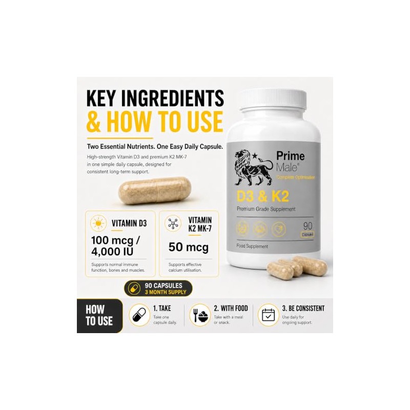 Vitamin D3 & K2 MK-7 for Men – 90 Capsules