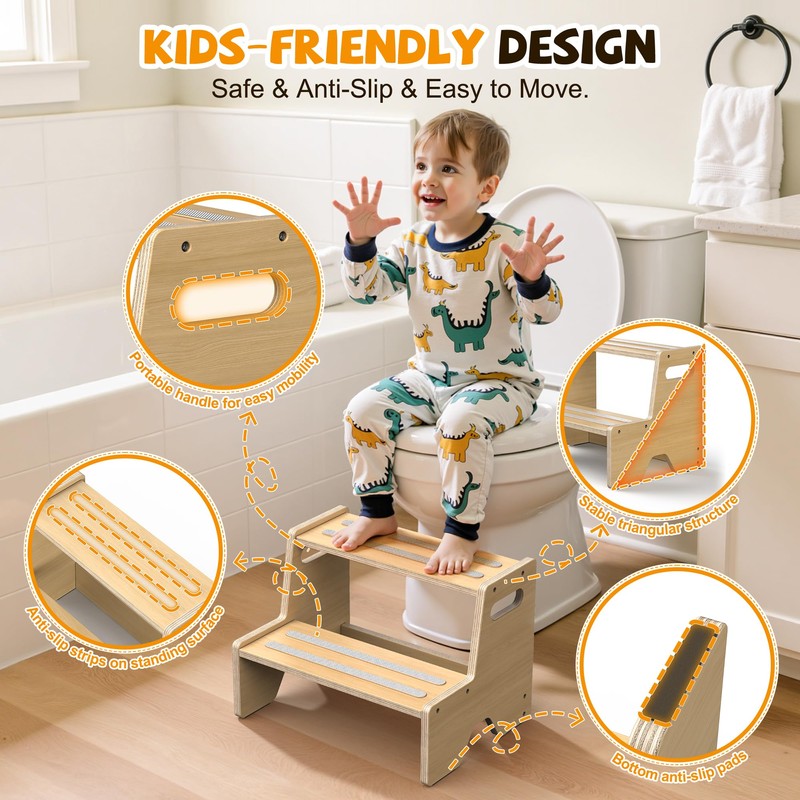 Uiirvdy Step Stool for Toddler, Sturdy Wooden 2-Step Stool with