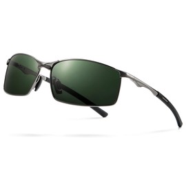 SUNGAIT Ultra Lightweight Polarized Sunglasses Men Rectangular Metal Frame with Spring Hinge, Gunmetal Frame Dark Green Lens