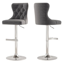 GOOLON Bar Stools Set of 2, Velvet Swivel Counter Height Stools with Tufted Back, Adjustable Seat with Nailheads Trim, Upholstered Bar Chairs with Steel Base for Kitchen Island, Pub, Grey