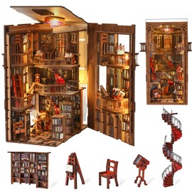 MiniCity Book Nook Kit, DIY Miniature Dollhouse Booknook Kit, 3D Wooden Puzzle Bookend Bookshelf Insert Decor with LED Light for Teens and Adults (Abbey Library)