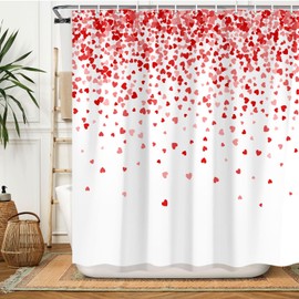 Valentine's Day Shower Curtain, Valentine Red Falling Hearts Confetti Fabric Shower Curtains for Bathroom, Romantic Heart Shower Curtain Set with Hooks, 69 X 70 Inches